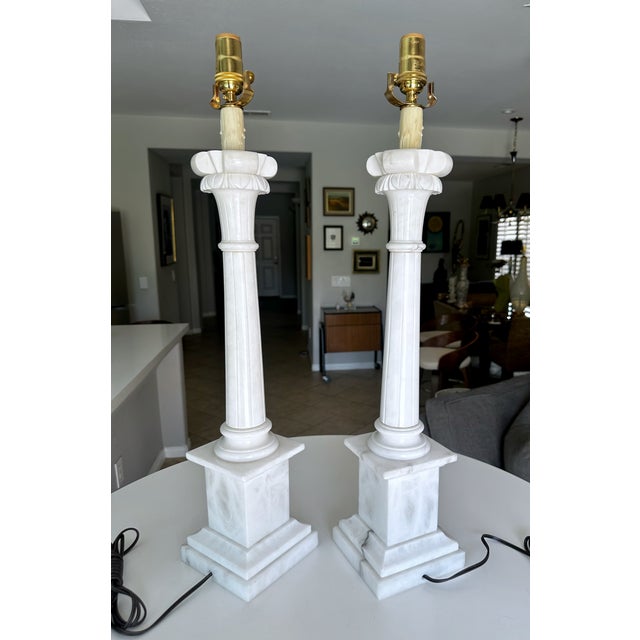 1960s Tall Italian Column Neoclassic Alabaster Table Lamps - a Pair For Sale - Image 11 of 18