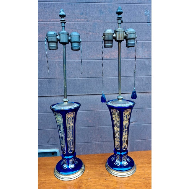 Pair Continental Parcel Gilt Cobalt Glass Vases Mounted as Lamps, Circa 1880s For Sale - Image 10 of 13