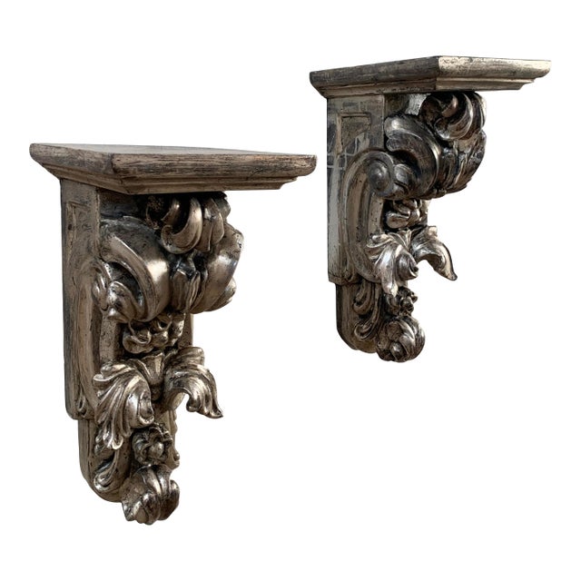Late 19th Century Neo-Baroque Handcarved Silverwood Wall Brackets, a Pair For Sale