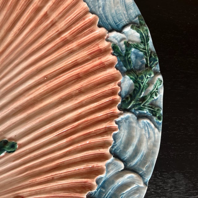 Vintage Handpainted Italian Scallop and Seaweed Majolica Platter For Sale - Image 4 of 10