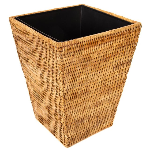 Wood Artifacts Rattan Square Tapered Waste Basket with Metal Liner in Honey Brown For Sale - Image 7 of 7