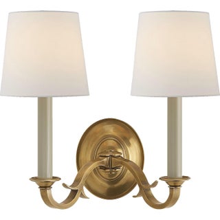 Thomas O'Brien for Visual Comfort Signature Channing Double Sconce in Hand-Rubbed Antique Brass with Linen Shades For Sale