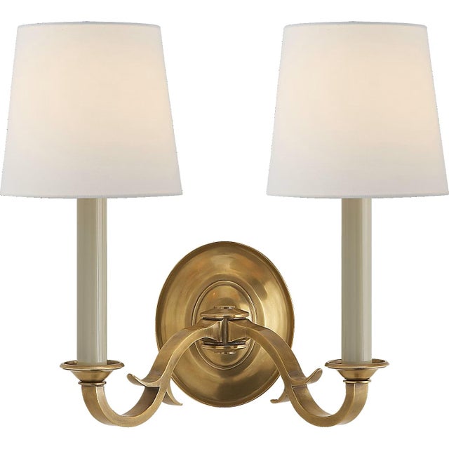 Thomas O'Brien for Visual Comfort Signature Channing Double Sconce in Hand-Rubbed Antique Brass with Linen Shades For Sale