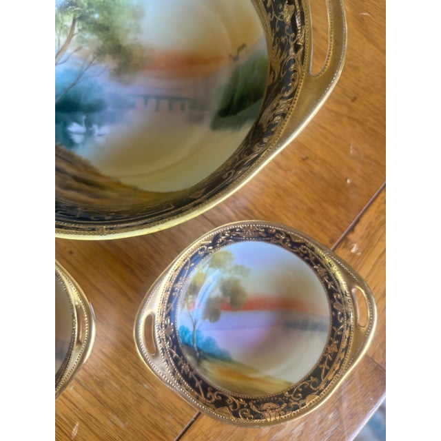 Blue Antique Hand Painted Nippon 3-Piece Serving Set Cobalt Blue Heavy Gold Scenic Landscape M in Wreath Morimura 1910-1921 Châteaucore Grandmillennial For Sale - Image 8 of 14