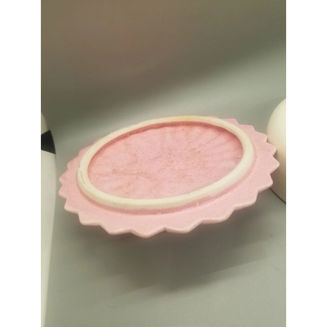 California Pottery Vintage California Pottery MCM Covered Candy Dish Pink and Ivory Fan Top For Sale - Image 4 of 4