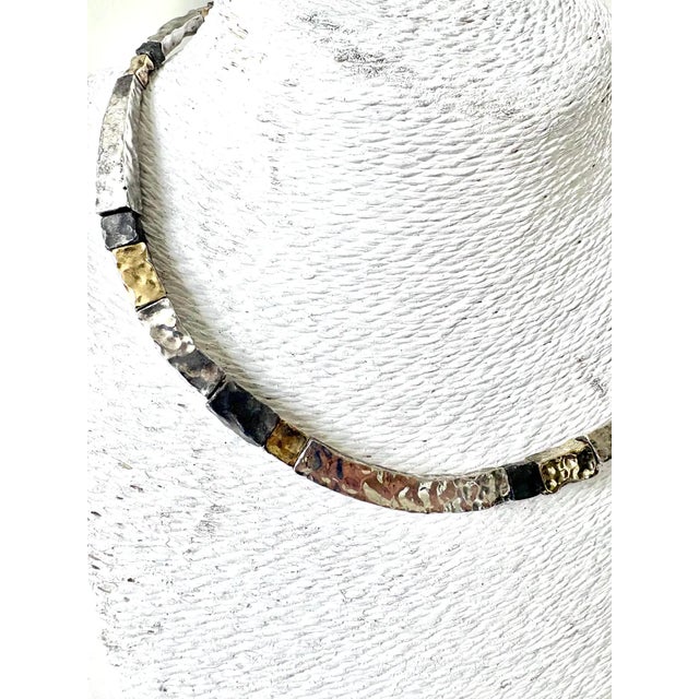 Contemporary Vintage Sterling Silver and Gold Plated Hammered Tube Bead Necklace For Sale - Image 3 of 3