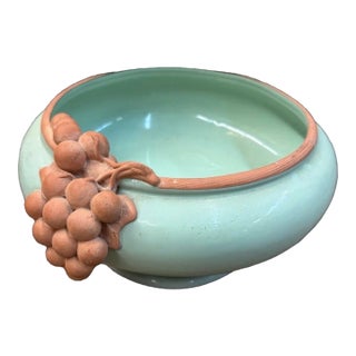 Vintage Mid Century Grapes Green Studio Pottery Bowl 12” For Sale