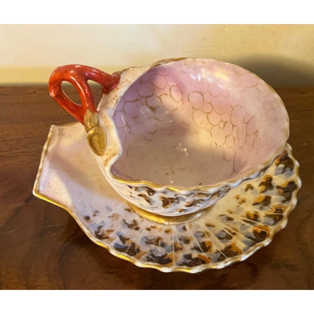 Antique 19th Century Old Paris Porcelain Sea Shell Form Teacup & Saucer With Coral Handle- 2 Pieces For Sale - Image 11 of 13