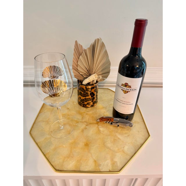 1970s 1970s Philippine Capiz Shell and Brass Octagonal Cocktail/Serving Tray For Sale - Image 5 of 5
