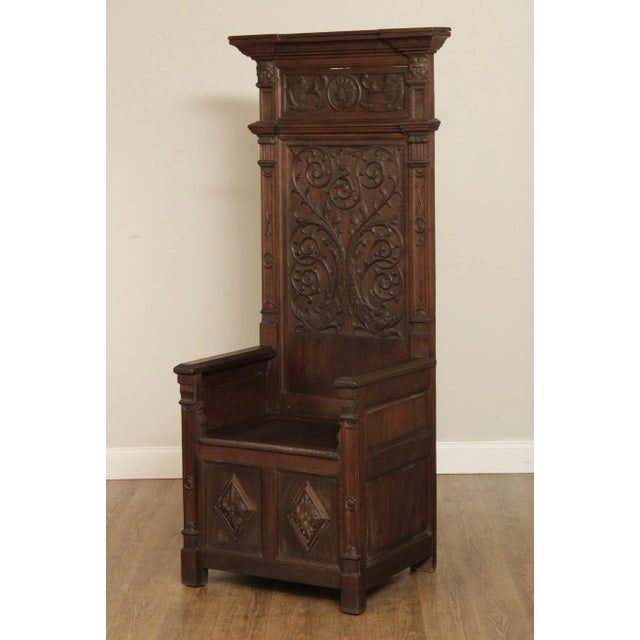 Wood Antique French Renaissance Revival Oak Throne Chair Hall Seat For Sale - Image 7 of 13