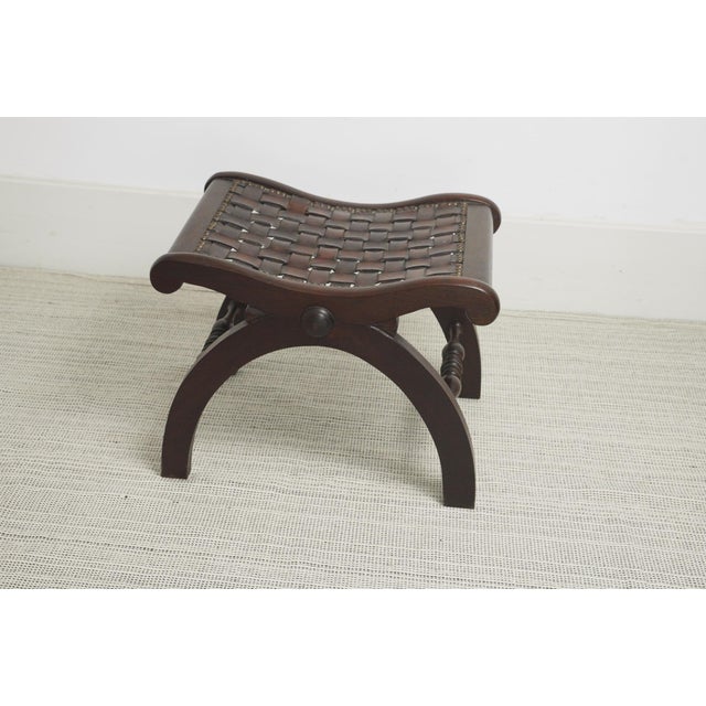 Wood Spanish Revival Wooden and Woven Leather Ottoman, 1940s For Sale - Image 7 of 11