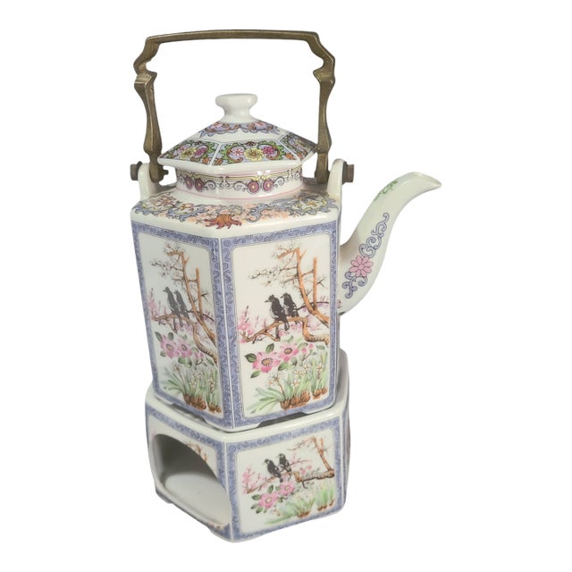 Vintage Japanese Hand Painted Floral, Birds Teapot Brass Handle on Warmer Stand For Sale