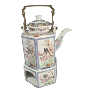 Vintage Japanese Hand Painted Floral, Birds Teapot Brass Handle on Warmer Stand