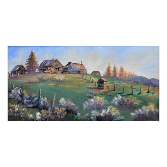 Pastoral landscape of barns atop a country hillside by Nevada Sperry (American, 20th Century). Signed "Nevada Sperry"...