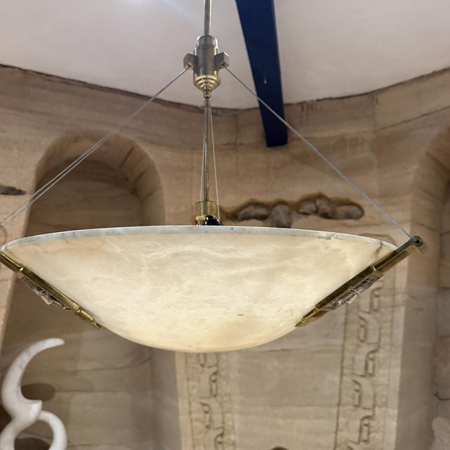 For your consideration, a Large Art Deco Alabaster Dome Pendant Chandelier featuring distinct carved detailing and...
