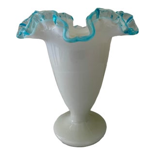 Vintage Fenton Blue Aquacrest Milk Glass Ruffled Edge Footed Vase For Sale