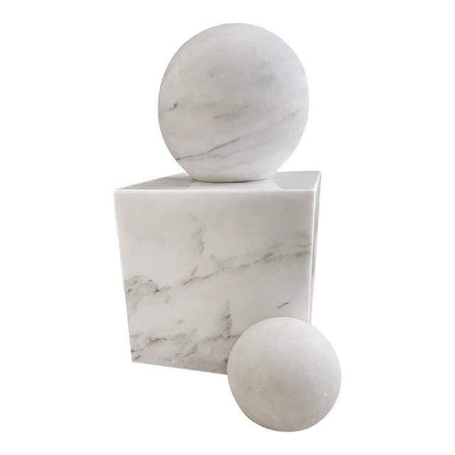 Mid-Century Marble Square With Two Sizes of Round Marble Spheres - 3 Piece Set For Sale