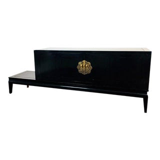 Vintage James Mont / Renzo Rutili Hollywood Regency Style Black Lacquer Cabinet on Base Credenza For Sale