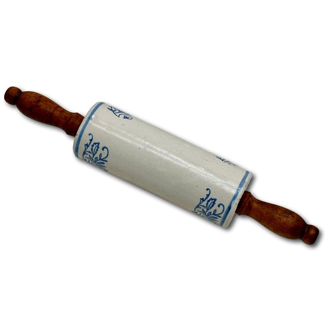 Unusual Antique American Wood Handle Stoneware Kitchen Rolling Pin With 4 Blue Wildflower Decorations For Sale - Image 9 of 16