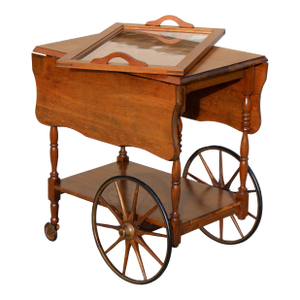 Vintage Wooden Bar Cart & Tea Trolley With Glass Tray, Drop-Leaf Sides, and Spoke Wheels – Mid-Century Serving Cart