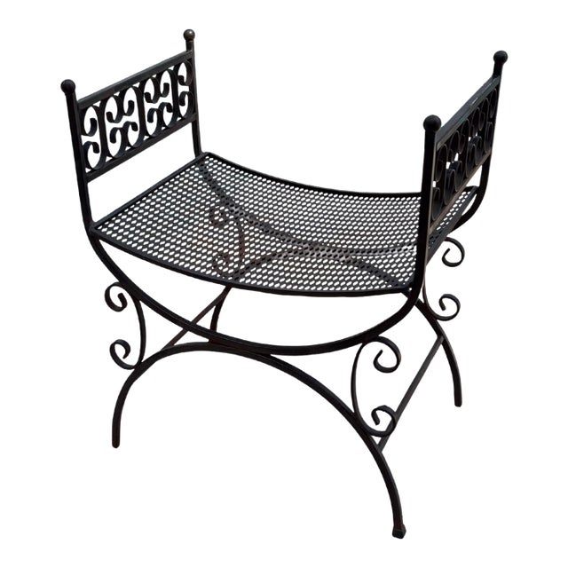 Vintage Spanish Revival Arthur Umanoff Style Granada Wrought Iron Garden Stool / Vanity Seat For Sale