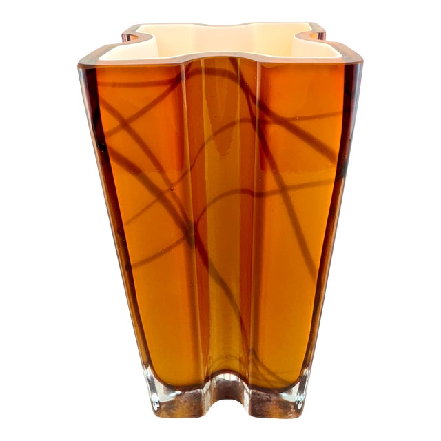 1970s Mid-Century Italian Amber Murano Style Glass Vase With Sculptural Cross-Shaped Design For Sale