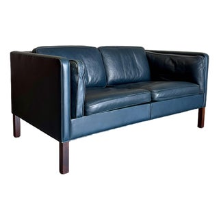 Vintage Navy Leather 2 Seat Sofa Attrb Borge Mogensen For Sale