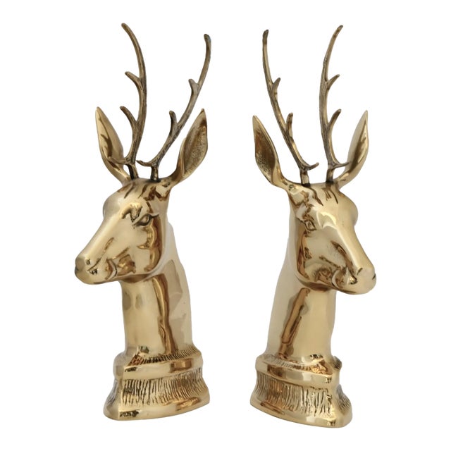 Polished Brass Stag’s Head Bookends / Mantle Ornaments For Sale