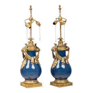 19th Century French Louis XV Style Robins Egg Blue Porcelain and Gilt Bronze Lamps - A Pair For Sale