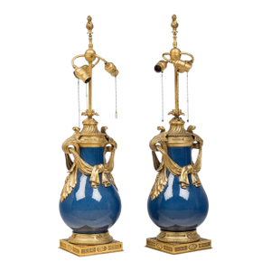 19th Century French Louis XV Style Robins Egg Blue Porcelain and Gilt Bronze Lamps - A Pair