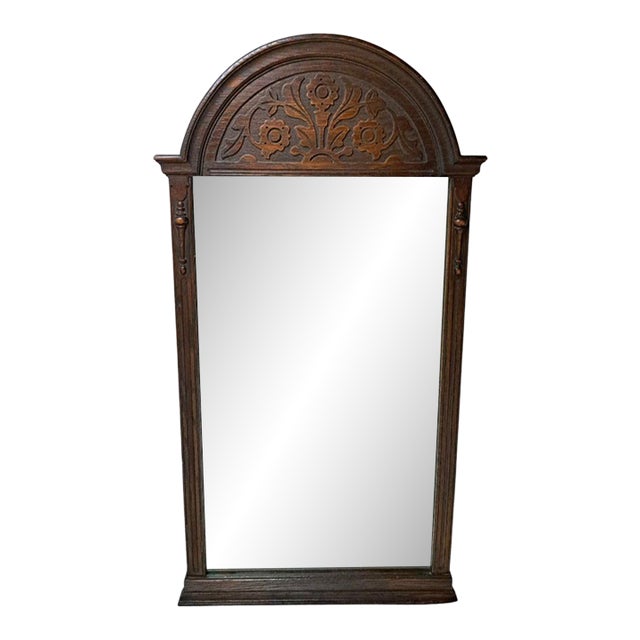 Antique 1910s Carved Oak Wall Mirror Arched Top Floral Wood Stamped #2375 32x17 For Sale