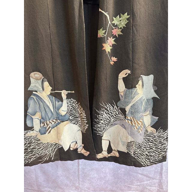 Japanese Vintage Black Kurotomesode Kimono With Hand-Embroidered Figures & Flowers For Sale - Image 3 of 12