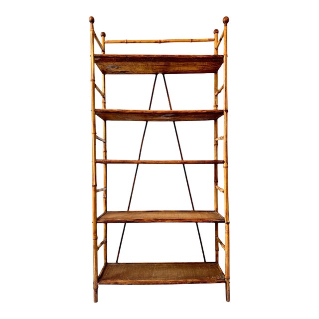 Antique Bamboo Bookcase, Five Woven Shelves For Sale
