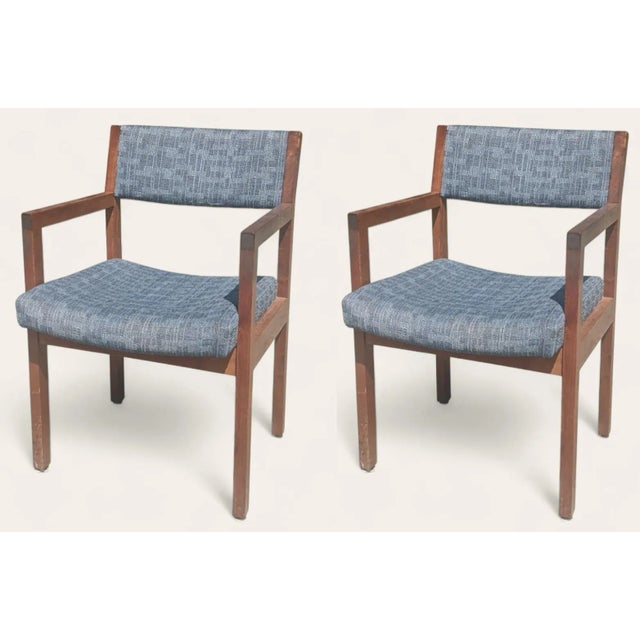 A Pair of 1960s Blue Tweed Upholstered Walnut Arm Chairs In the Style of Edward Wormley for Dunbar and Knoll Furniture