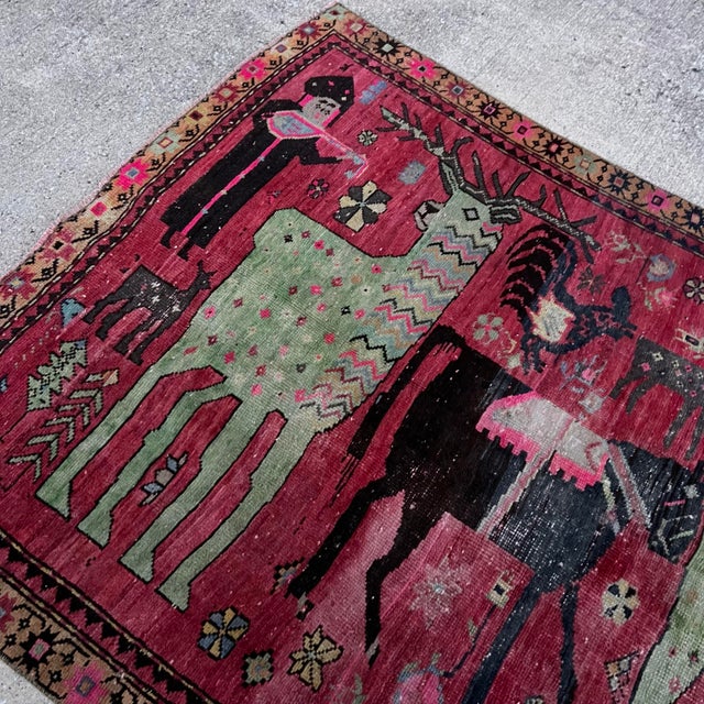 Shabby Chic Antique Early 1900s Karabagh Rug, Handwoven Caucasian Wool Rug With Vibrant Deer & Floral Motifs, 4x9 Vintage Runner For Sale - Image 3 of 10