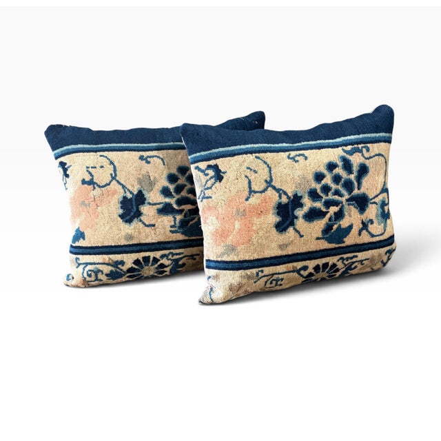 Textile Custom Made Set of Two Pillows W/Antique Chinese Rug Fragment 19.5" W For Sale - Image 7 of 10