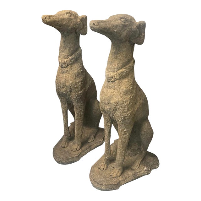 Pair of Mid-Century Neoclassical Style Cast Stone Seated Greyhound Statues For Sale