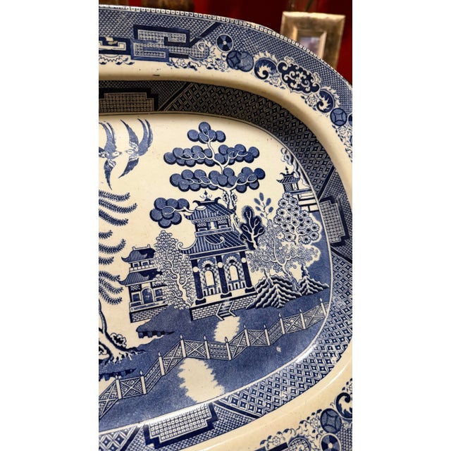 Mid 19th Century Antique Staffordshire Blue Willow Transfer Ironstone Oval Platter, Circa 1860s For Sale - Image 5 of 12