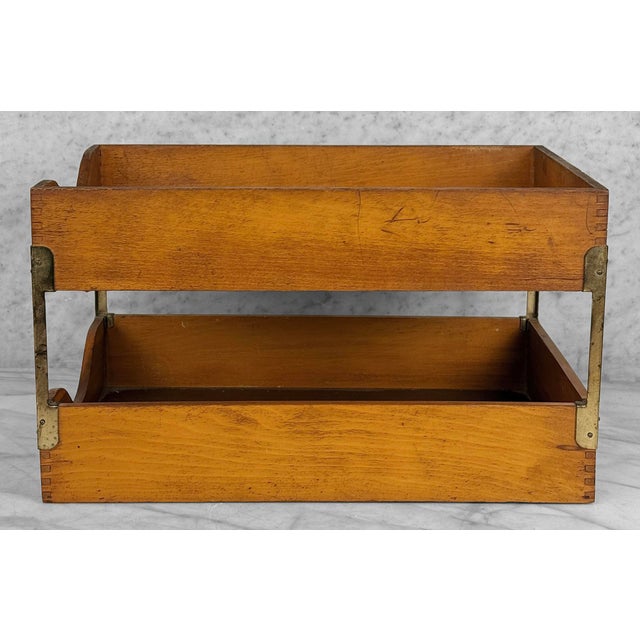 1910s Antique Traditional Wood Desk Top Double File Letter Library Tray For Sale - Image 5 of 11
