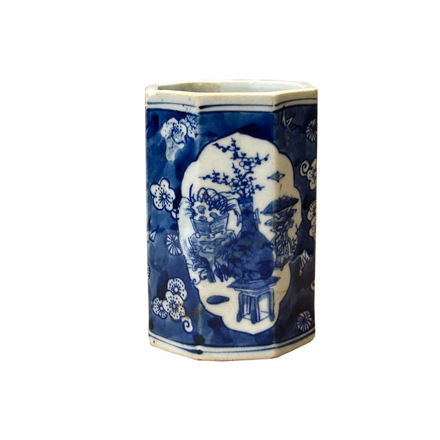 4" Small Octagonal Blue White Flower Vases Graphic Porcelain Art Vase For Sale In San Francisco - Image 6 of 11