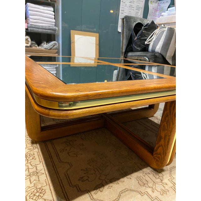 1980s Oak With Brass Accents Square Coffee Table For Sale - Image 4 of 8