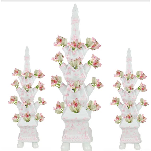 Chinese Village Scene Tulipiere in Pale Pink and White, Small For Sale - Image 3 of 4