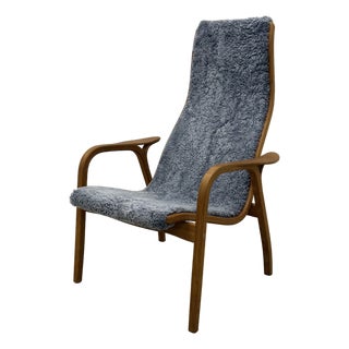 Yngve Ekström Lamino Teak Wood Frame Armchair With Sheepskin Fabric for Swedese For Sale