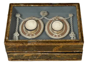19th C. Italian Grand Tour Intaglio Plaster Medallion & Gilt Marbled Leather Box