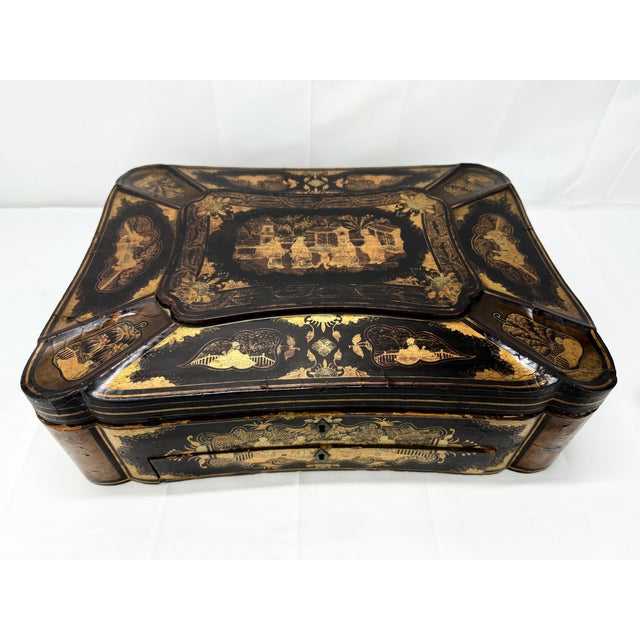 Chinese Large Chinese Export Black Lacquer & Gilt Decorated Sewing Box C. 1860 For Sale - Image 3 of 10