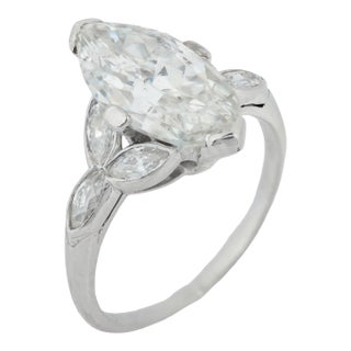 1930s Art Deco Gia 2.17 Carat Old Marquise Cut Diamond Platinum Engagement Ring, Size 3.75 For Sale
