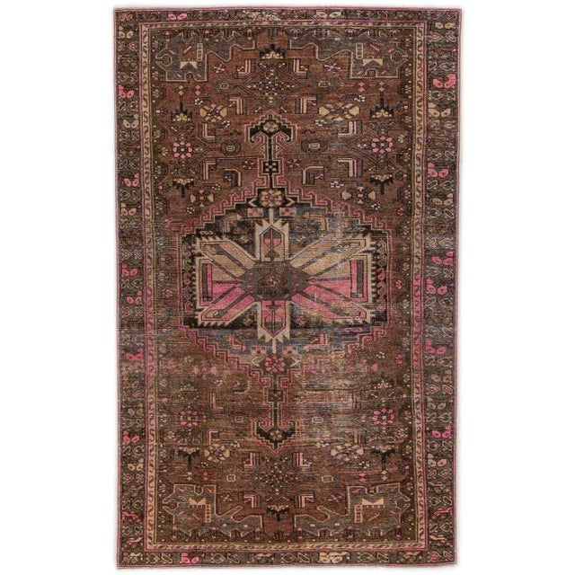 Textile 1960s Vintage Persian Distressed Handmade Geometric Brown Wool Rug For Sale - Image 7 of 7