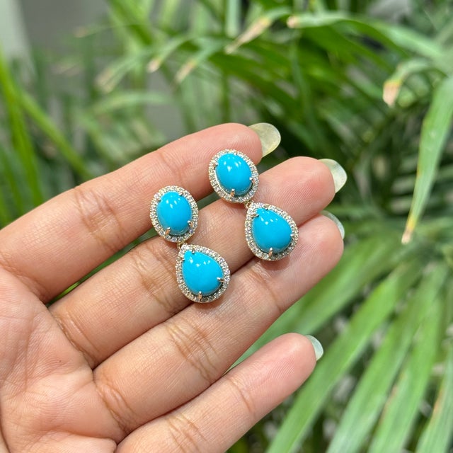 Contemporary 8.94ct Sleeping Beauty Turquoise Drop Earrings With Diamonds in 14k Gold- 2 Pieces For Sale - Image 3 of 14