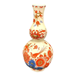 Vintage Delft Double-Gourd Porcelain Vase, Hand-Painted Floral & Bird Motif Blue Red Gold, 1376