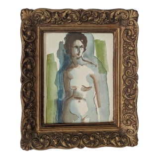 Mid Century Original Nude Abstract Watercolor Painting Framed For Sale